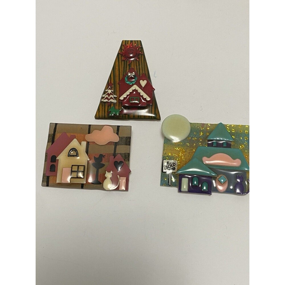 Vintage 3 Enameled Brooch House Pins Lot by Lucinda